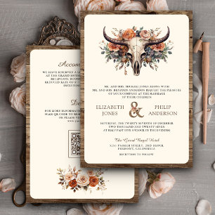 Boho-Floral-Kuh-Schädel-westliche Hochzeitseinladu Einladung