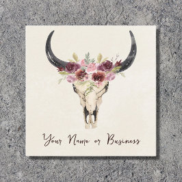 Boho Floral Kuh Skull auf Naturcreme Quadratische Visitenkarte