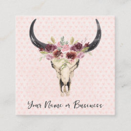 Boho Floral Kuh Skull auf rosa Herz Hintergrund Quadratische Visitenkarte