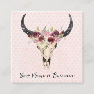 Boho Floral Kuh Skull auf rosa Herz Hintergrund Quadratische Visitenkarte