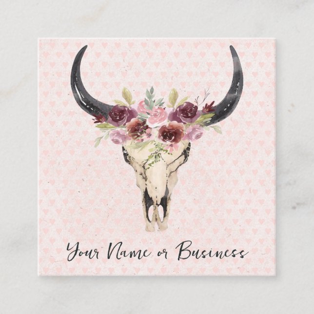 Boho Floral Kuh Skull auf rosa Herz Hintergrund Quadratische Visitenkarte (Vorderseite)