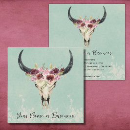 Boho Floral Kuh Skull auf Türkis Quadratische Visitenkarte