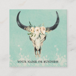 Boho Floral Kuh Skull auf Türkis Quadratische Visitenkarte