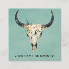 Boho Floral Kuh Skull auf Türkis Quadratische Visitenkarte
