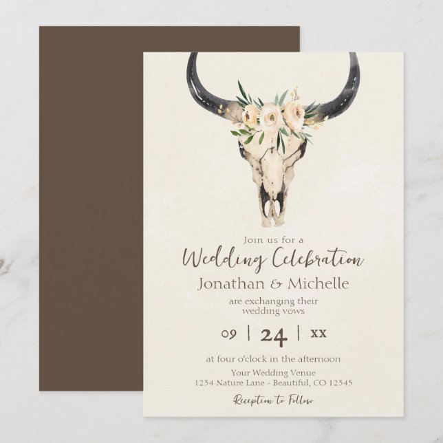 Boho Floral Kuh Skull Brown and Cream Wedding Einladung (Vorne/Hinten)