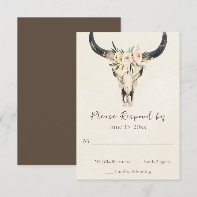 Boho Floral Kuh Skull Brown and Cream Wedding RSVP Karte (Vorne/Hinten)
