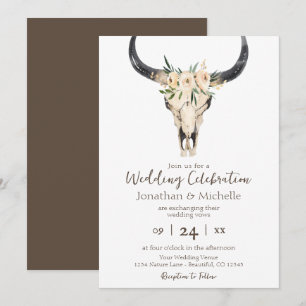 Boho Floral Kuh Skull Brown und White Wedding Einladung