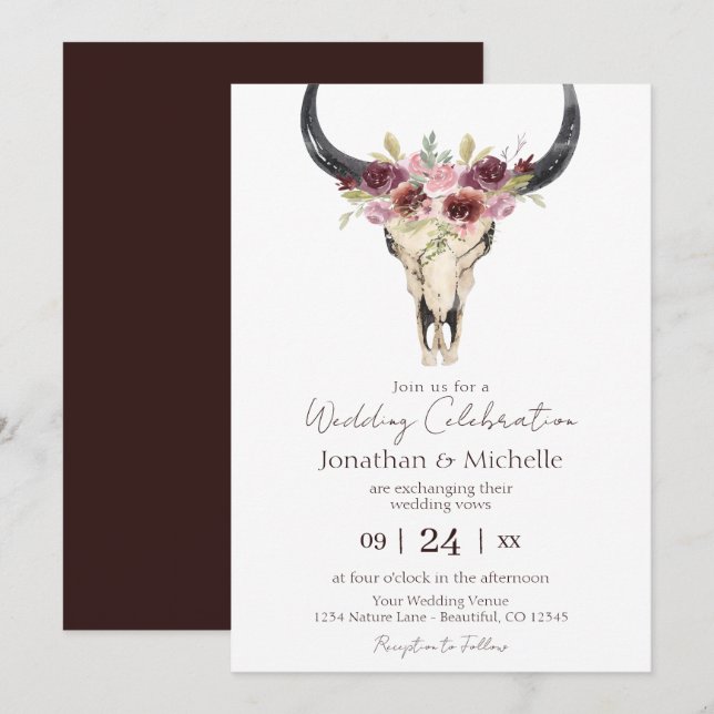 Boho Floral Kuh Skull Burgundy und White Wedding Einladung (Vorne/Hinten)