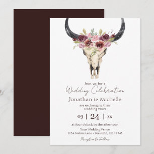 Boho Floral Kuh Skull Burgundy und White Wedding Einladung