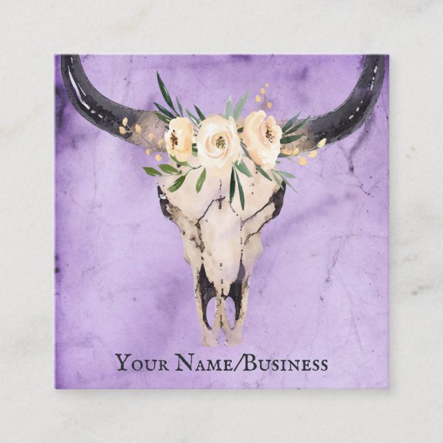 Boho Floral Kuh Skull im Lila Hintergrund Quadratische Visitenkarte (Vorderseite)