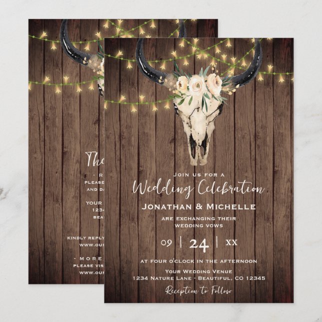 Boho Floral Kuh Skull on Wood All in One Wedding Einladung (Vorne/Hinten)