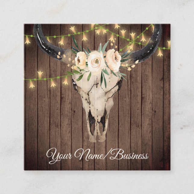 Boho Floral Kuh Skull, String Lights on Barnwood Quadratische Visitenkarte (Vorderseite)