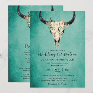 Boho Floral Kuh Skull Türkis All in One Wedding Einladung
