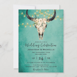 Boho Floral Kuh Skull w/Lights Türkis Hochzeit Einladung