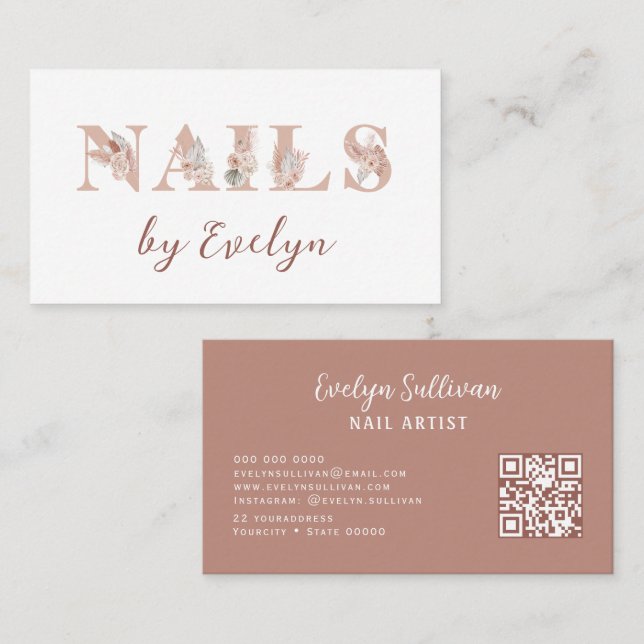Boho Floral Letters Nails Business Card Visitenkarte (Vorne/Hinten)