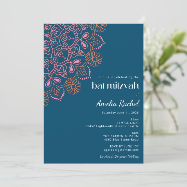 Boho Floral Mandala Aquamarin Blue Bat Mitzvah Einladung (Stehend Vorderseite)