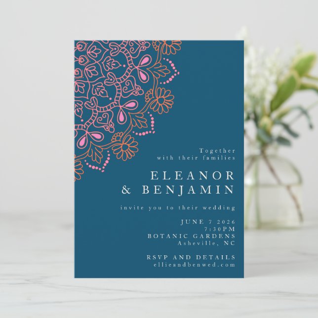 Boho Floral Mandala Aquamarin Blue Elegante Hochze Einladung (Stehend Vorderseite)
