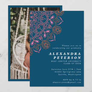 Boho Floral Mandala Aquamarin Blue Graduation Part Einladung