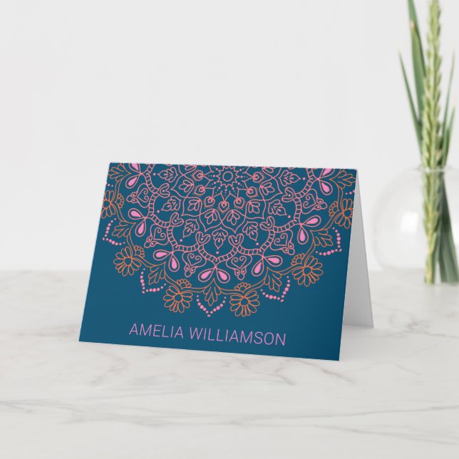 Boho Floral Mandala Blue Personalized Stationery Dankeskarte (Vorderseite)