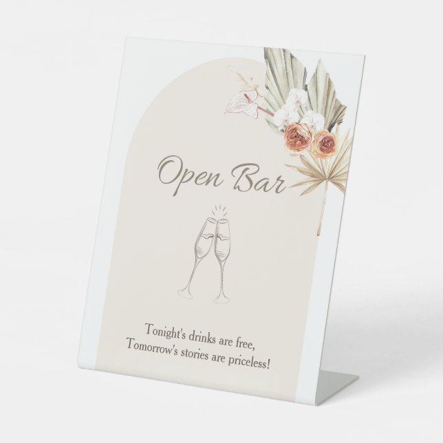 Boho Floral Minimalistisch Wedding Open Bar Sockelschild (Vorderseite)