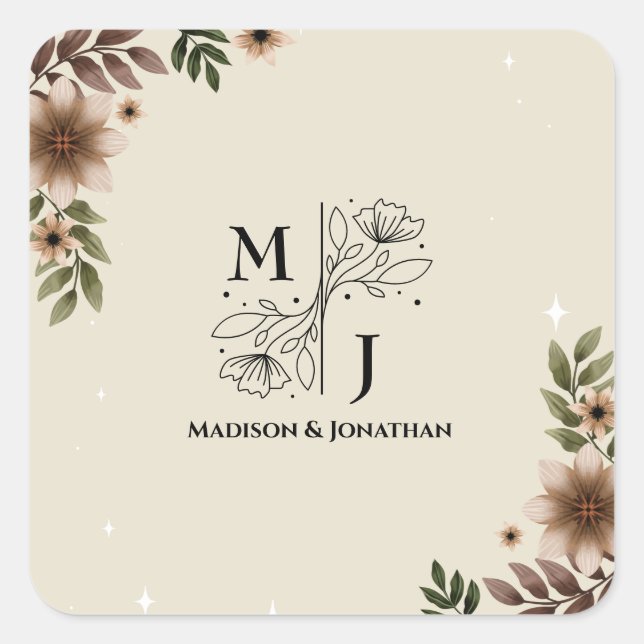 Boho Floral Minimalistisch Wedding Quadratischer Aufkleber (Vorderseite)