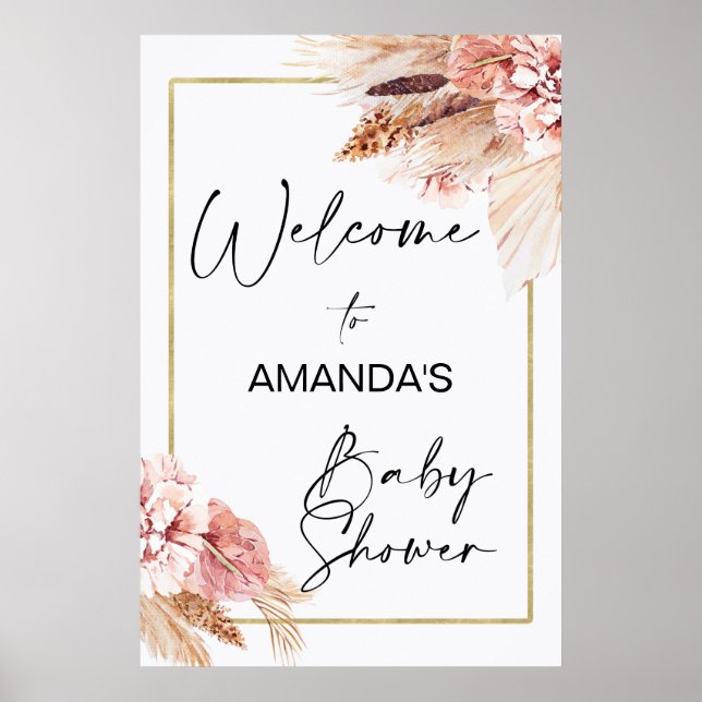 Boho Floral mit Pampas Grass Begrüßungs-Baby-Dusch Poster (Vorne)