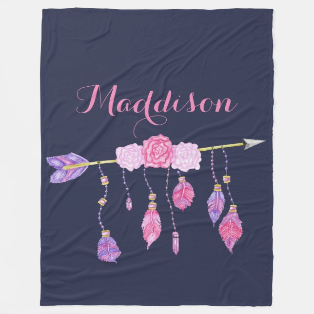 Boho Floral Navy Blue Fleecedecke (Vorderseite)