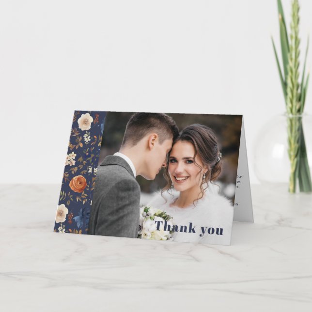 Boho Floral Navy Foto Wedding Dankeskarte (Vorderseite)