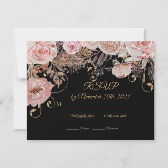 Boho floral noir Rose doré RSVP personnalisé (Devant)