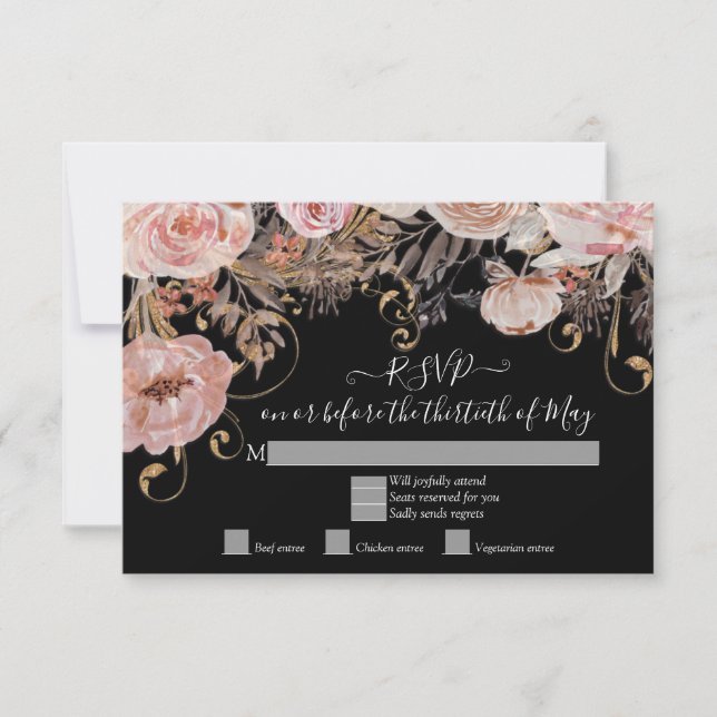 Boho floral noir Rose Gold rose RSVP personnalisé  (Devant)