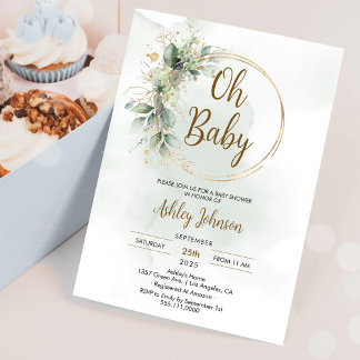 Boho Floral Oh Baby Green und Gold Baby Dusche Einladung