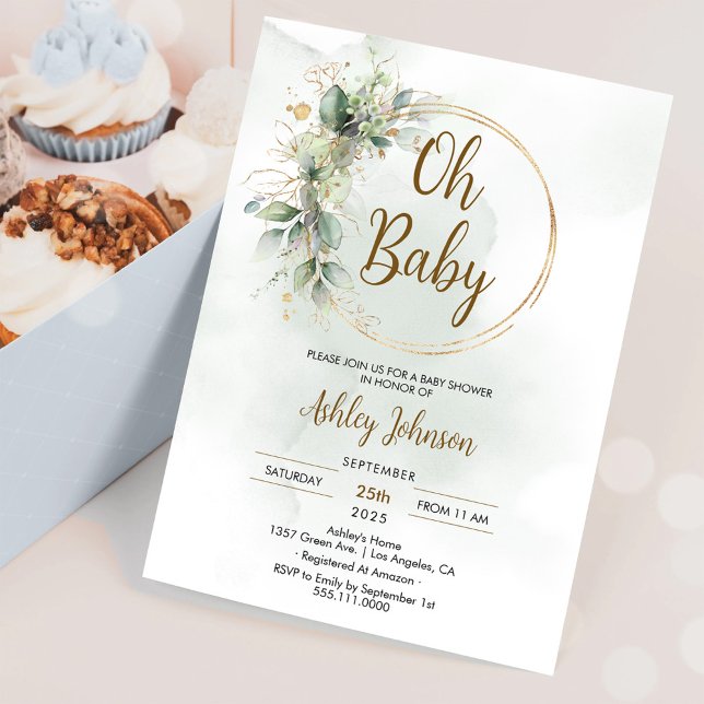 Boho Floral Oh Baby Green und Gold Baby Dusche Einladung (Von Creator hochgeladen)