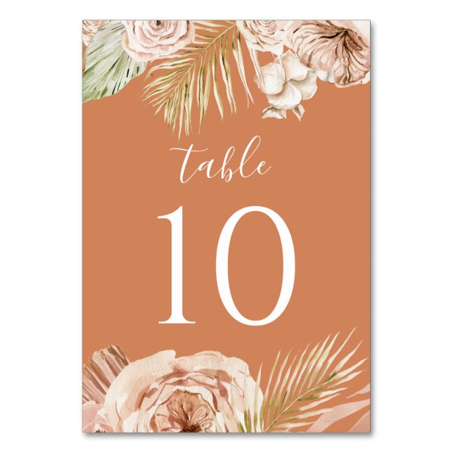 Boho Floral, Palm und Pampas terracotta Hochzeit Tischnummer (Rückseite)