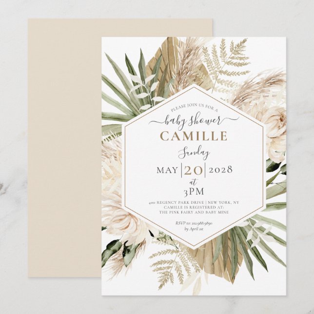 Boho Floral Palmetto Verlasst Eucalyptus Baby Show Einladung (Vorne/Hinten)