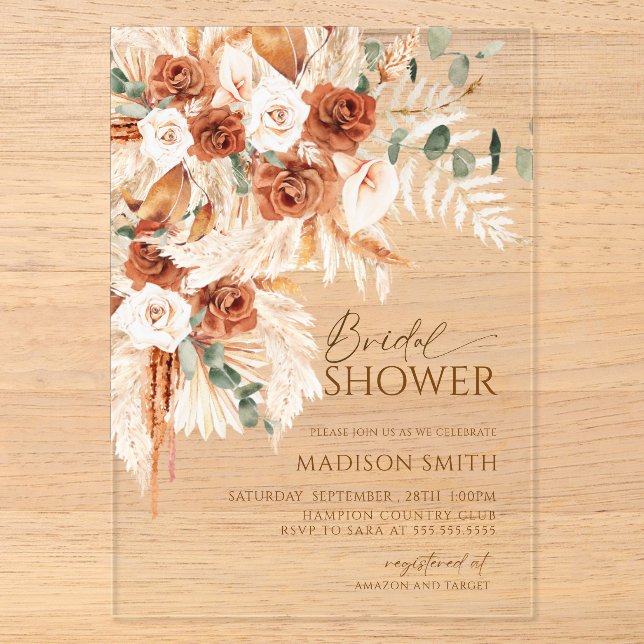 Boho Floral Pampas Brautparty Acryleinladungen (Vorderseite)