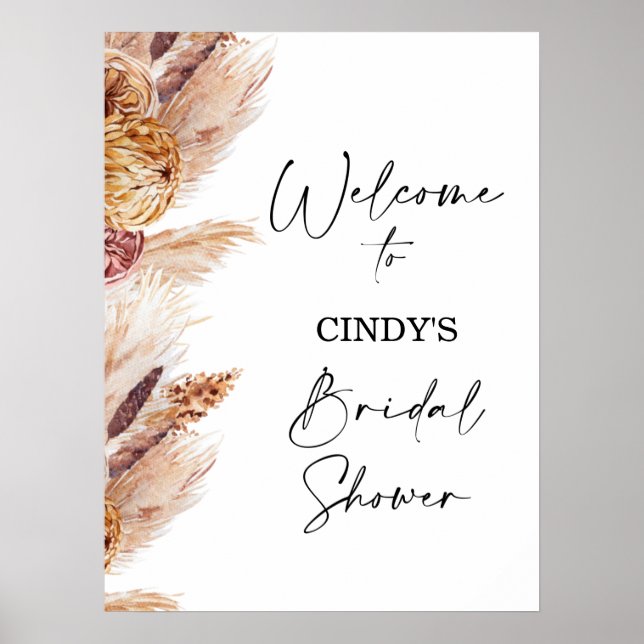 Boho Floral Pampas Brautparty Begrüßungszeichen Poster (Vorne)