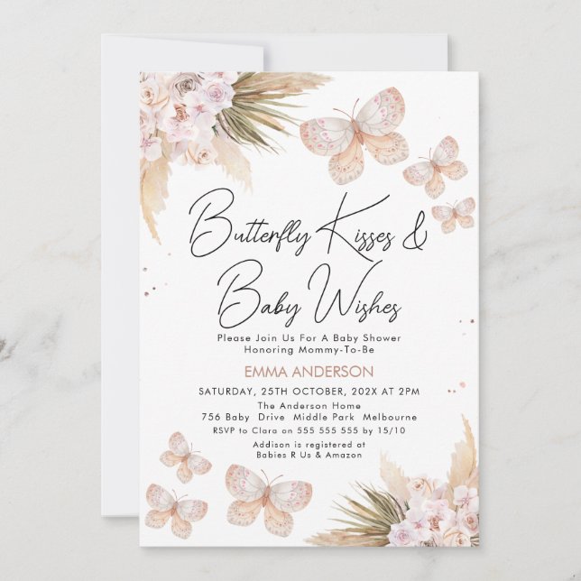 Boho Floral Pampas Butterfly Kisses Baby Shower Einladung (Vorderseite)