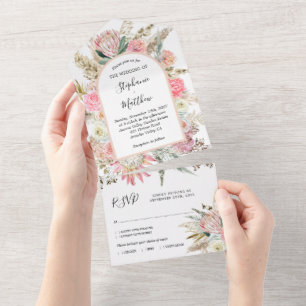 Boho Floral Pampas Floral Hochzeit All In One Einladung