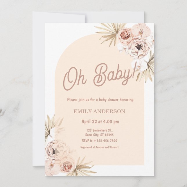 Boho Floral Pampas Grass Baby Shower Einladung (Vorderseite)
