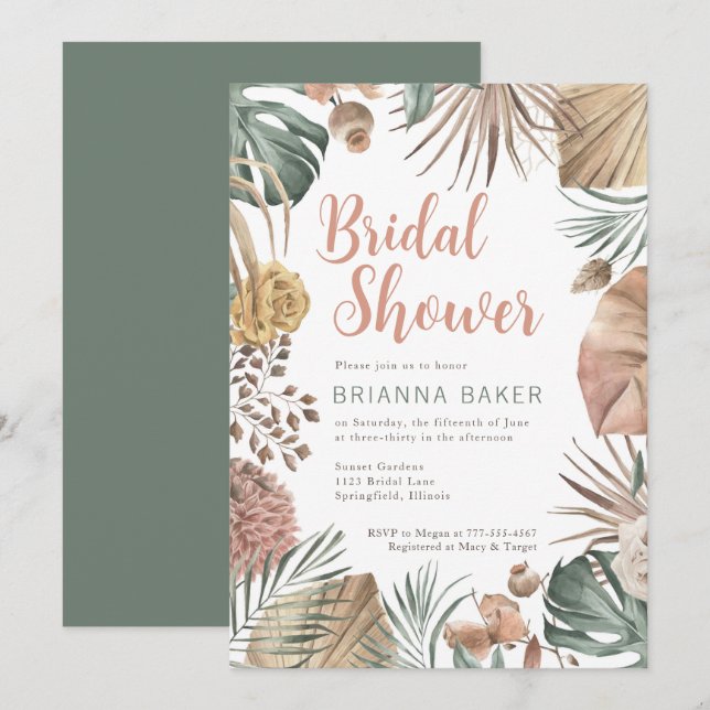 Boho Floral Pampas Grass Bridal Dusche Einladung (Vorne/Hinten)
