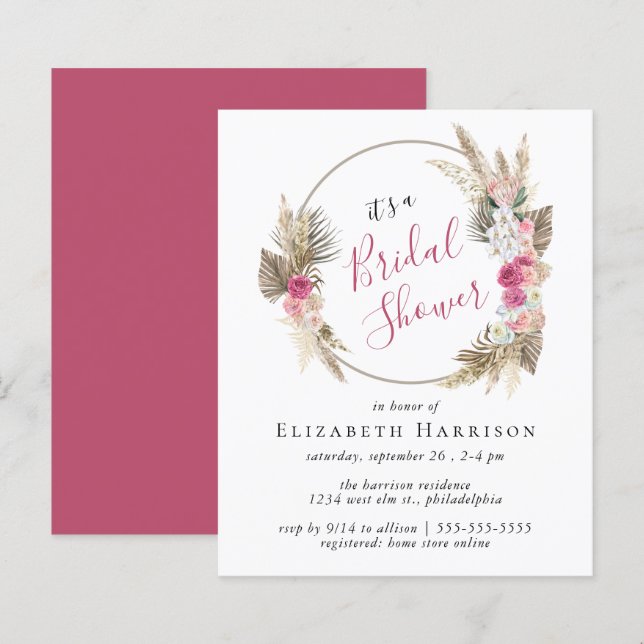 Boho Floral Pampas Grass Bridal Dusche Einladung (Vorne/Hinten)