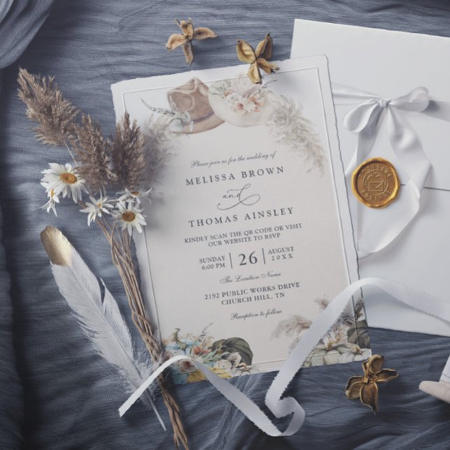  Boho Floral Pampas Grass Rustic QR Code Wedding Einladung (Von Creator hochgeladen)
