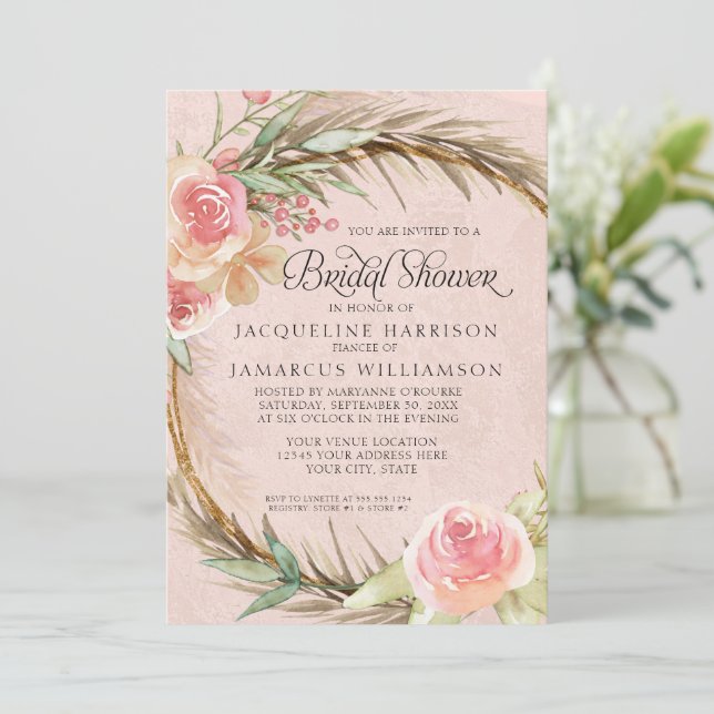 BOHO Floral Pampas Pink Wasserfarbenkrez Einladung (Stehend Vorderseite)