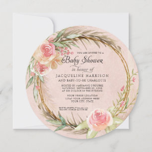 BOHO Floral Pampas Pink Watercolor Wreath Baby Einladung