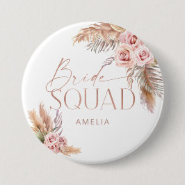 Boho Floral Pampas Rose Gold Bride Squad Button