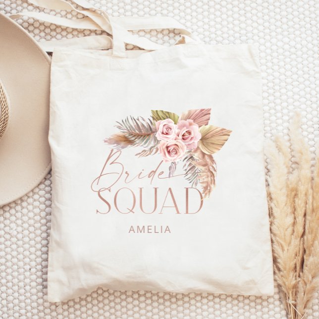 Boho Floral Pampas Rose Gold Bride Squad Tragetasche (Von Creator hochgeladen)