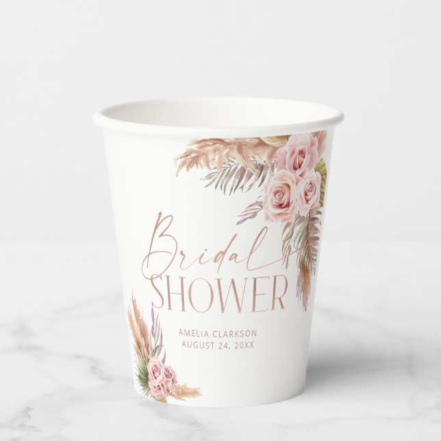 Boho Floral Pampas Rose Gold Pappbecher (Vorderseite)