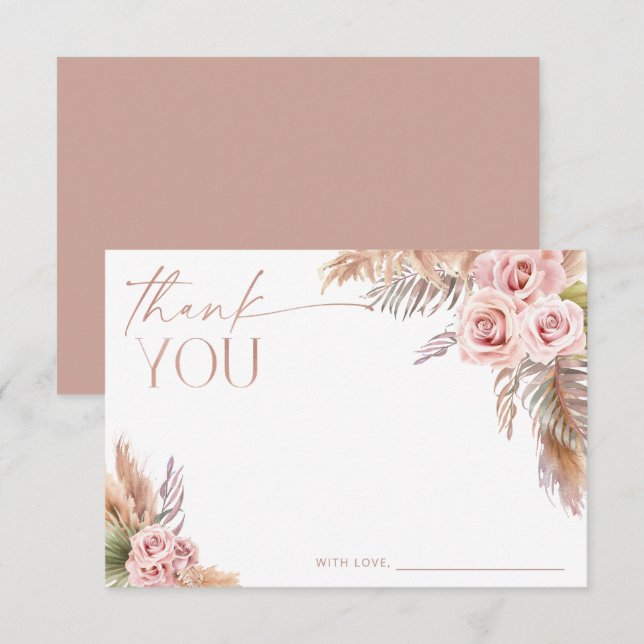 Boho Floral Pampas Rose Gold Vielen Dank Einladung (Vorne/Hinten)