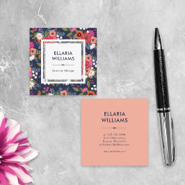 Boho Floral Pattern - Coral & Navy Blue Quadratische Visitenkarte