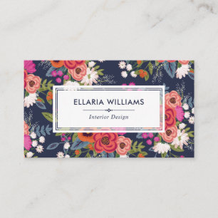 Boho Floral Pattern - Navy Blue & Coral Visitenkarte